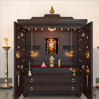 Custom Handmade large pooja mandir with door in Teak finish in UK