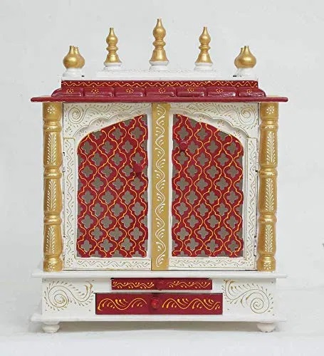 Hand Painted Large Home Temple with slab (white, red and golden) in UK