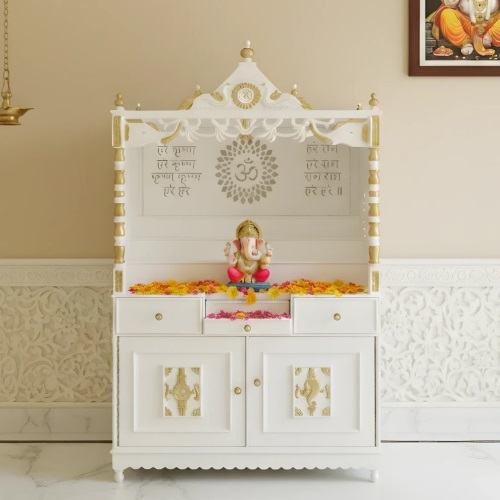 Handcrafted White Wooden Home Mandir – 63" Large Pooja Temple with Storage in UK