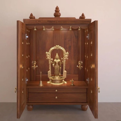 Teak Wood Pooja Mandir with Doors and Storage Drawer 28 x 15 x 48 inches in UK